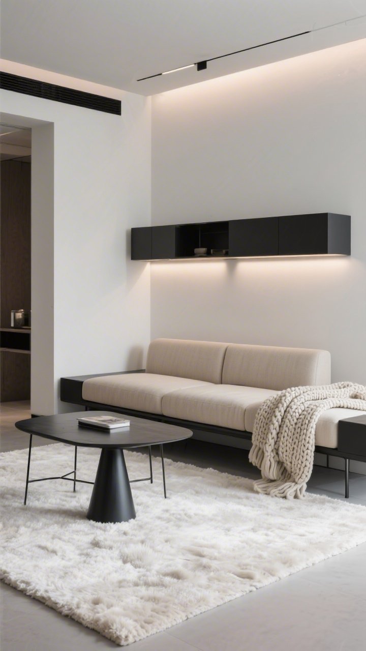 Medium shot of a modern lounge area focusing on clean lines and cozy contrast: sofa with bench cushion and tight back in neutral oat, a thin-framed black metal coffee table with a pedestal detail, wall-mounted storage keeping sightlines open, a plush high-pile ivory rug and a chunky knit throw layered for warmth; side lighting adds soft shadows accentuating the sleek silhouettes.