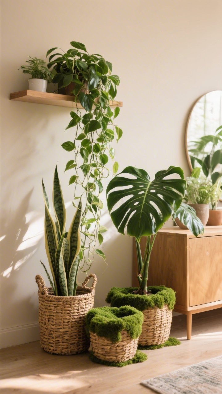 Medium shot of a plant cluster: a snake plant providing height in a woven basket, a pothos cascading dramatically off a floating shelf like a leafy waterfall, and a monstera with bold leaves beside a low cabinet; nursery pots hidden inside woven baskets topped with green moss; warm neutral backdrop; gentle, bright indirect daylight for a lush, lively feel.