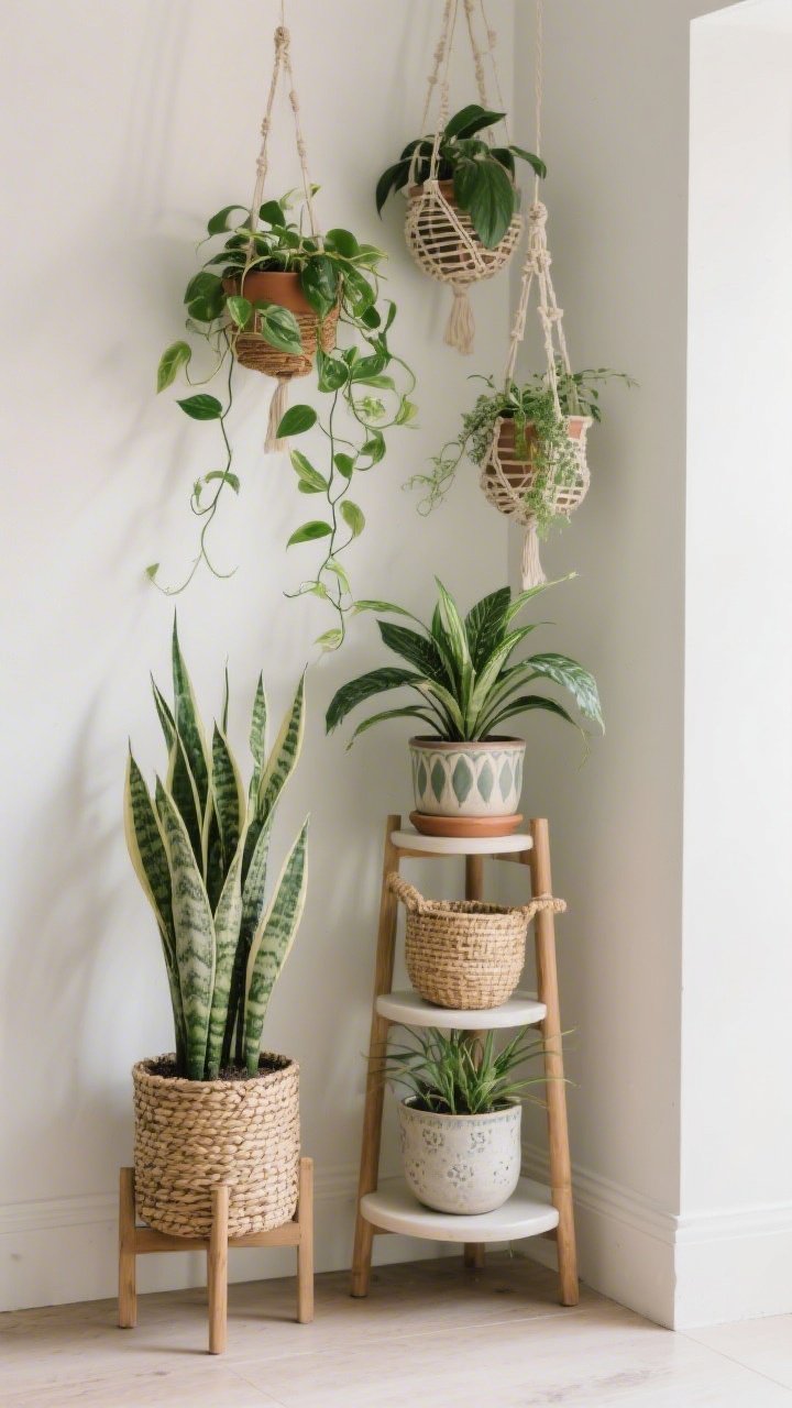 Medium shot of a plant-styled corner: hanging planters softening a tight corner, a tiered plant stand elevating small pots, and a mix of low-maintenance species—pothos trailing, snake plant upright, and a ZZ plant; cohesive ceramic and woven basket planters to upgrade the vibe; three plants clustered at varying heights; gentle natural light highlighting foliage texture; straight-on framing
