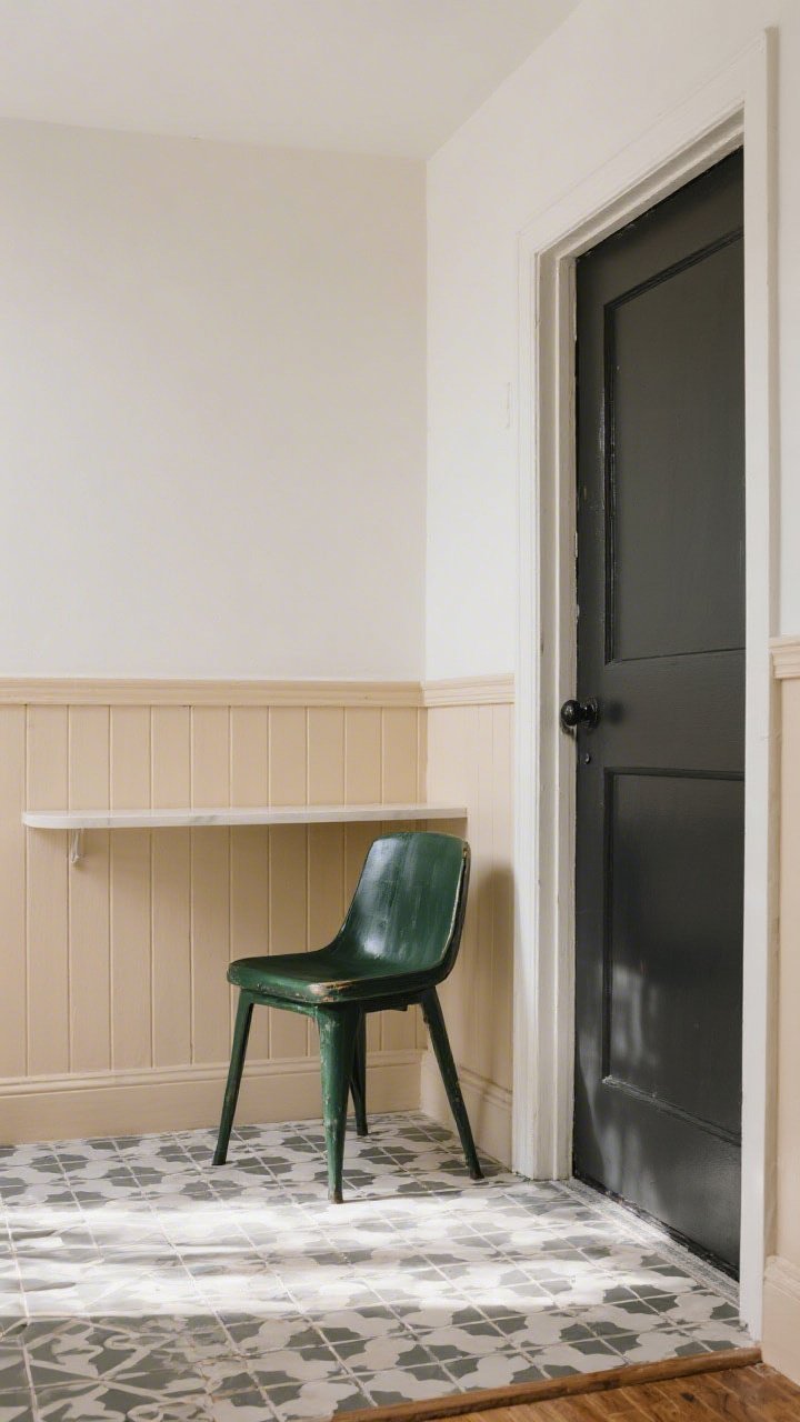 Medium shot of a refresh zone: A rental-friendly accent wall with painted wainscoting in warm putty behind a simple console; an upcycled side chair painted deep olive; a nearby interior door in charcoal for contrast; peel-and-stick patterned floor tiles underfoot. Afternoon light shows undertones accurately; clean edges and modern hues feel custom yet budget-conscious.