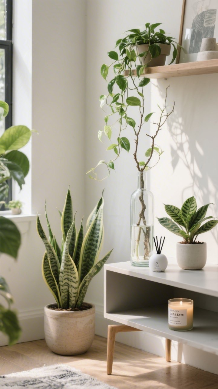 Medium shot of a refreshed corner with plants and scent: a snake plant in a simple ceramic pot on the floor, a pothos trailing from a high shelf, and a ZZ plant on a side table; tall glass vase with clipped leafy branches creating height; a minimal plug-in diffuser on the console next to a candle labeled with cedar and fig notes; natural afternoon light, subtle movement from leaves, atmosphere feels vibrant and fresh, corner angle.
