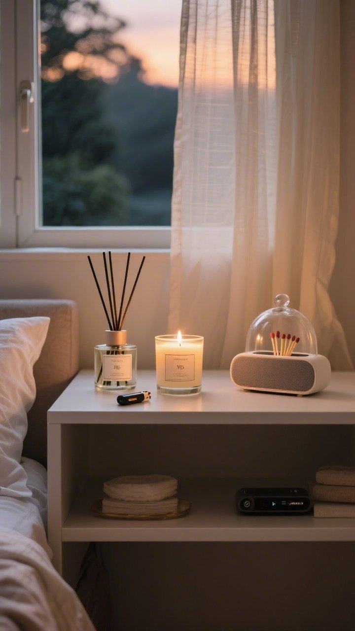 Medium shot of a serene nightstand vignette focusing on scent and sound: a candle and reed diffuser in the same signature fragrance, a rechargeable candle lighter and a glass match cloche displayed as decor, a small Bluetooth speaker on a shelf with a soft playlist implied; window slightly ajar with sheers moving; warm, spa-like evening glow and tranquil mood; straight-on view.