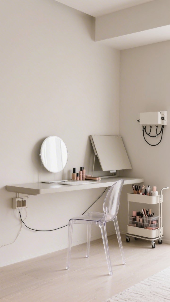 Medium shot of a slim multitasking workstation/vanity: a narrow console table against a soft neutral wall used as a desk by day, with a small round mirror and cosmetics for night; an acrylic chair to keep visual bulk low, a wall-mounted drop-leaf table folded nearby, and a small rolling cart with organized makeup/stationery; cables hidden with a cable box and hooks, tidy and bright.