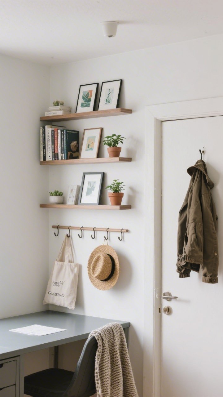 Medium shot of a small apartment wall used for vertical storage: staggered floating shelves over a slim desk holding books and a few decor pieces, picture ledges displaying rotating art prints and tiny potted plants, and a row of Shaker peg rails with a straw hat, canvas tote, and a textured throw; an over-door hook holds a folded jacket just out of primary sight; intentional negative space left between the top shelf and the ceiling to avoid claustrophobia; soft, indirect daylight; no people.