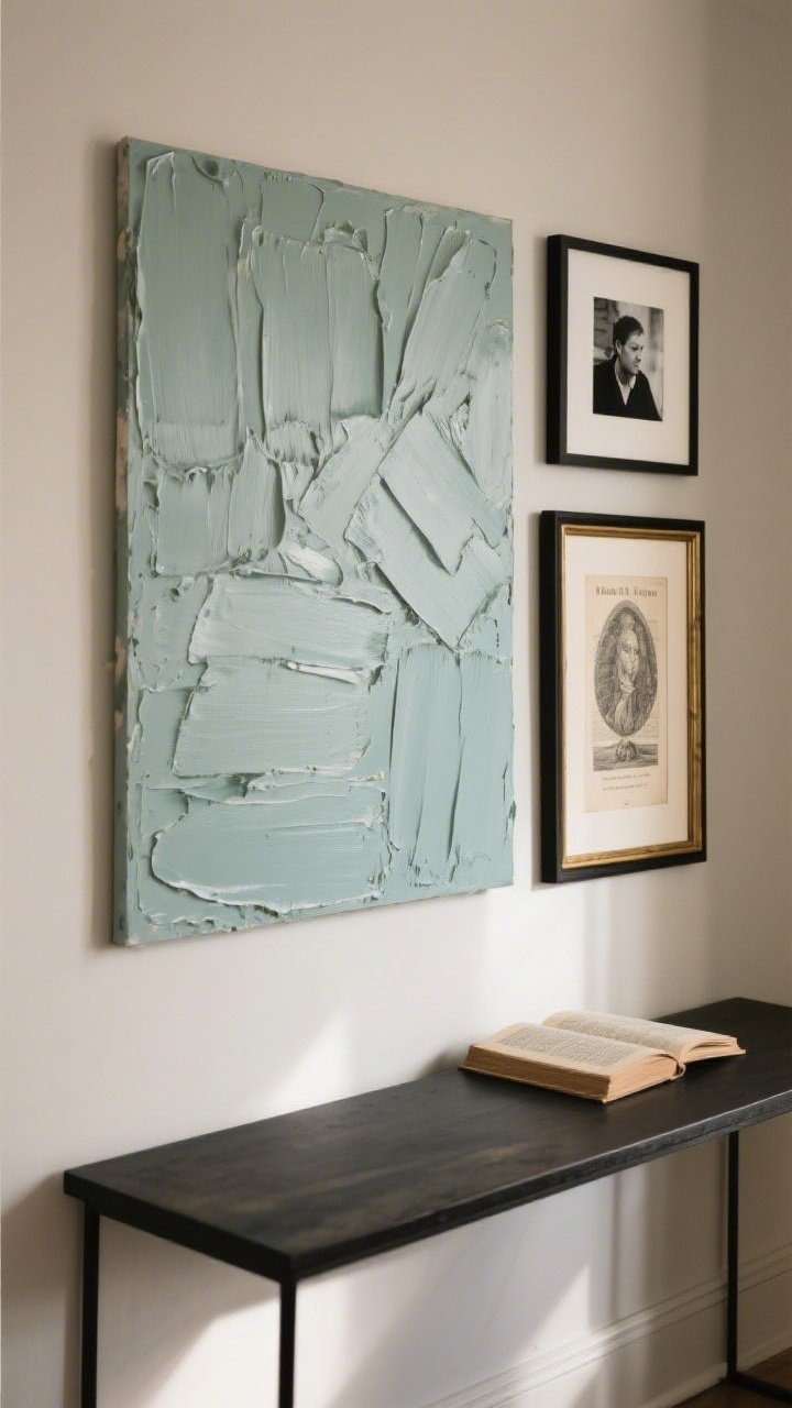 Medium shot of a small gallery wall over a console: a DIY abstract canvas with palette-knife texture in a single paint color, a black-and-white personal photograph in a wide-matted frame, a printed vintage public-domain artwork, and a framed book page; simple black and brass frames, generous mats to elevate smaller pieces; neutral wall, soft directional light for a chic, curated feel.