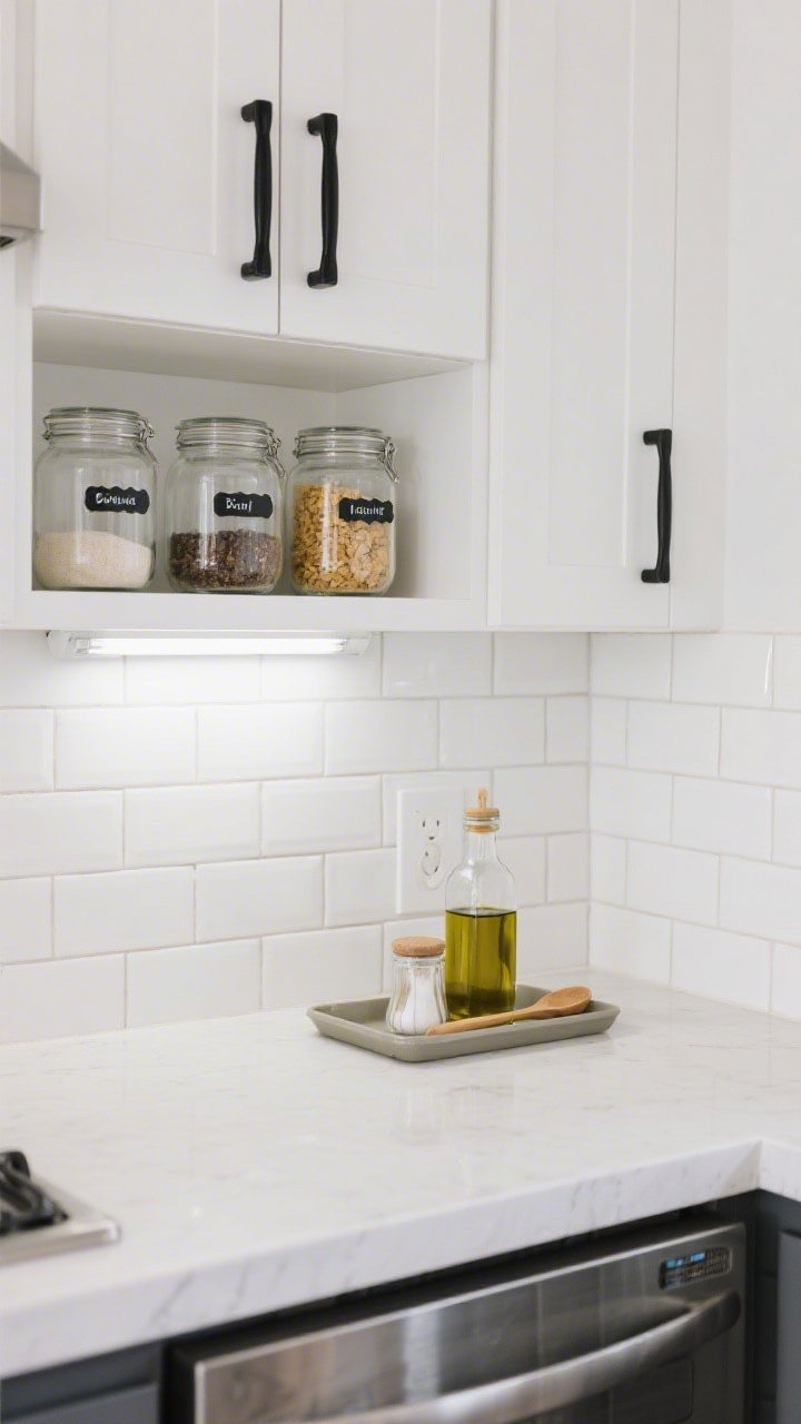 Medium shot of a small kitchen counter and backsplash: peel-and-stick subway tile backsplash in glossy white; cabinets updated with matte black bar pulls; pantry staples decanted into clear glass jars with simple labels on an open shelf; under-cabinet motion-sensor LED strip casting clean task light on a clutter-free countertop with one tray holding olive oil, salt cellar, and a wooden spoon; bright, neutral lighting