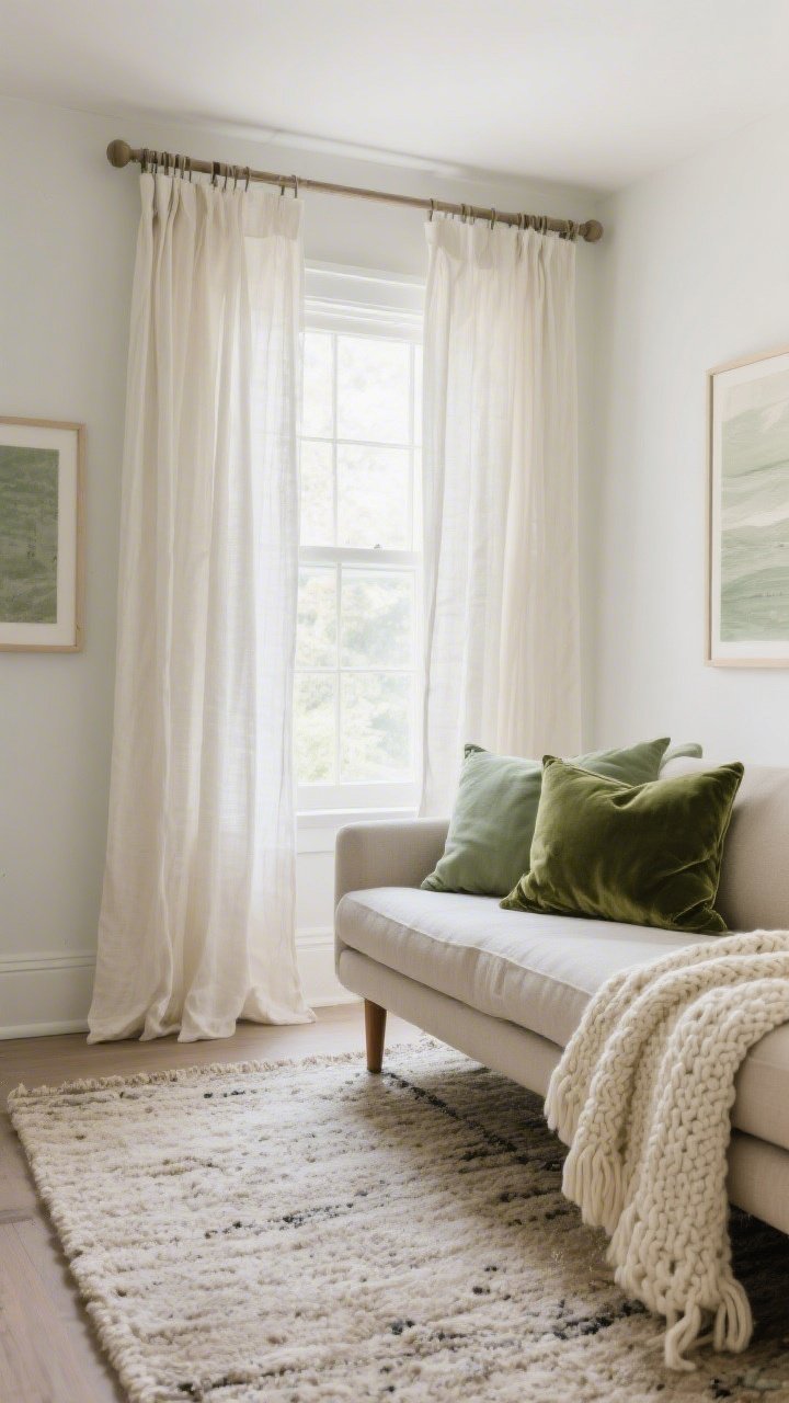Medium shot of a small living area’s textile glow-up: curtain rods mounted near the ceiling with light, breezy off-white linen curtains extending wider than the window to visually enlarge it; a generously sized area rug in a soft neutral under the sofa with front legs anchored; mixed textures layered—sage linen pillows, a velvet moss-green cushion, and a chunky knit cream throw—creating depth without clutter; cohesive palette repeated in art; gentle daylight filtering through; no people.