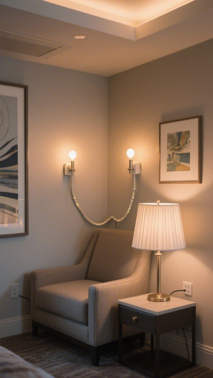 Medium shot of a small seating area with upgraded lighting: two plug-in sconces mounted beside artwork, cords hidden with paintable cord covers; warm LED smart bulbs set to 2700K casting cozy ambient light; a table lamp with a fresh linen pleated shade on a side table; overall layered lighting (overhead off), slight evening ambiance; finishes feel hotel-chic without hardwiring.