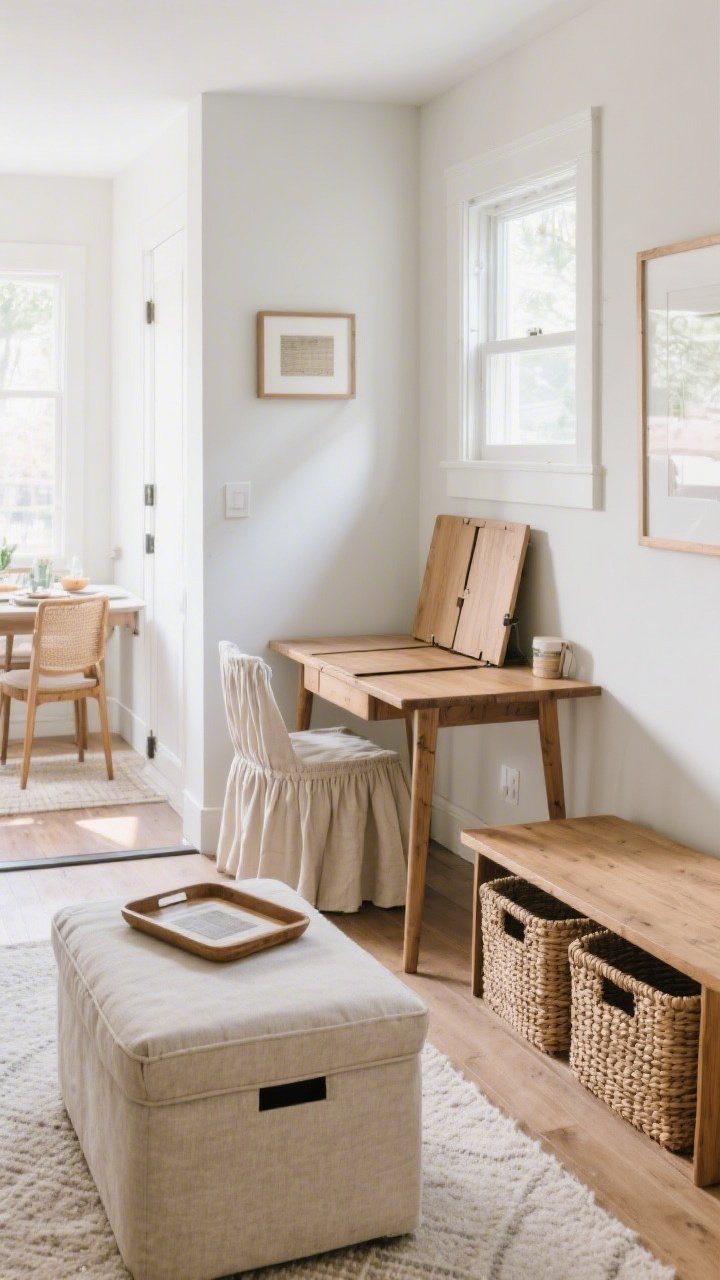 Medium shot of a smart small-space nook: A storage ottoman replaces a coffee table, tray on top; a drop-leaf table against the wall set as a compact desk with the leaves ready to expand for dining; an entry bench with woven baskets beneath; and a skirted side table hiding bins. Neutral palette with wood, linen, and woven textures, bright daytime light, everything tidy and multi-functional.