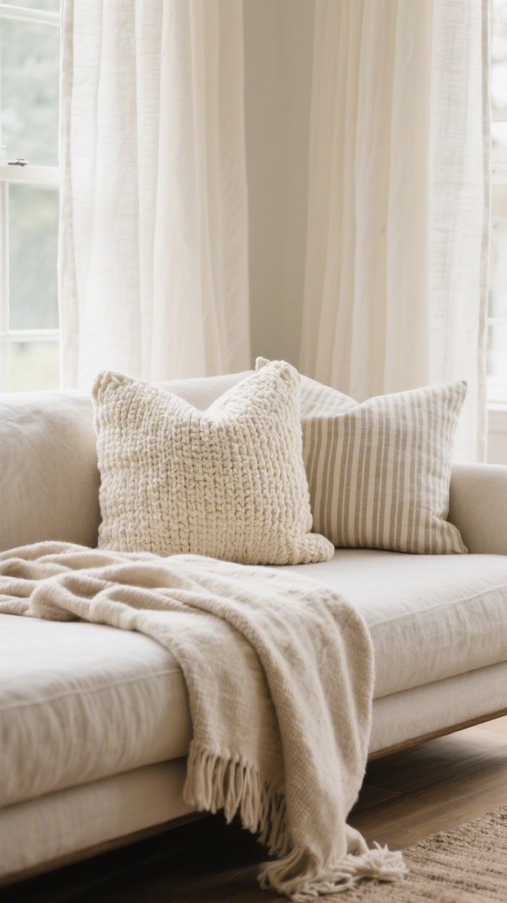 Medium shot of a sofa scene layering textiles: linen curtains in a warm white, chunky knit pillows in cream, cotton throw blankets in oatmeal, and a subtle ticking stripe pillow; neutral palette with touchable textures; soft natural window light enhancing the fabric weaves; mix of two solids plus one pattern.