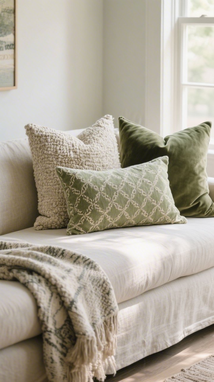 Medium shot of a sofa styled like a pro: layered textured pillows with sizes 22” and 20” at the back, 18” in front, and one long lumbar for balance; color palette using three tones—base neutral, an accent sage, and a patterned pillow tying them together; mix of linen, boucle, and velvet textures; a casually draped cozy throw with an artful flop; soft afternoon window light, neutral backdrop, slipcover hinted in frame