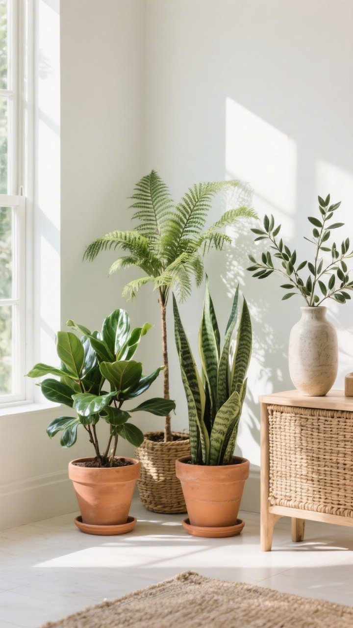 Medium shot of a sunny corner filled with greenery: three plants grouped in odd numbers at different heights—a glossy-leaf ZZ plant, a feathery fern, and a structural snake plant—in terra-cotta pots and a woven basket; a tall vase with realistic faux olive branches on a side table; bright natural light, mix of textures, fresh and lively mood.