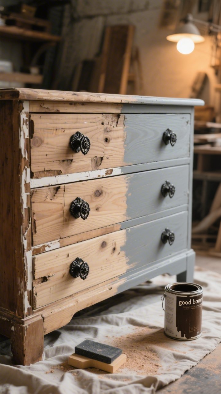 Medium shot of a thrifted solid-wood dresser with dovetail drawers being refinished: half stripped and sanded, half with matte chalk paint; new black antique-style knobs installed; drop cloth beneath, sanding block and stain can nearby; warm workshop lighting emphasizing wood grain and “good bones.”
