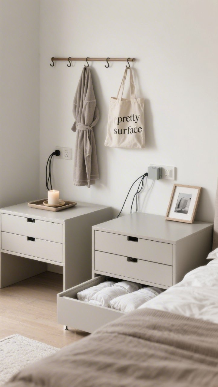 Medium shot of a tidy, stylish storage-focused bedroom vignette: closed-drawer nightstands hiding clutter, discreet cord clips and a cable box managing wires near the wall, a peg rail with a robe and tote bag, and an under-bed drawer slightly open revealing neatly stored extra bedding. One “pretty surface” on the dresser: a minimal tray, a candle, and a single framed photo with the rest left clear. Soft daylight; photorealistic, no people.