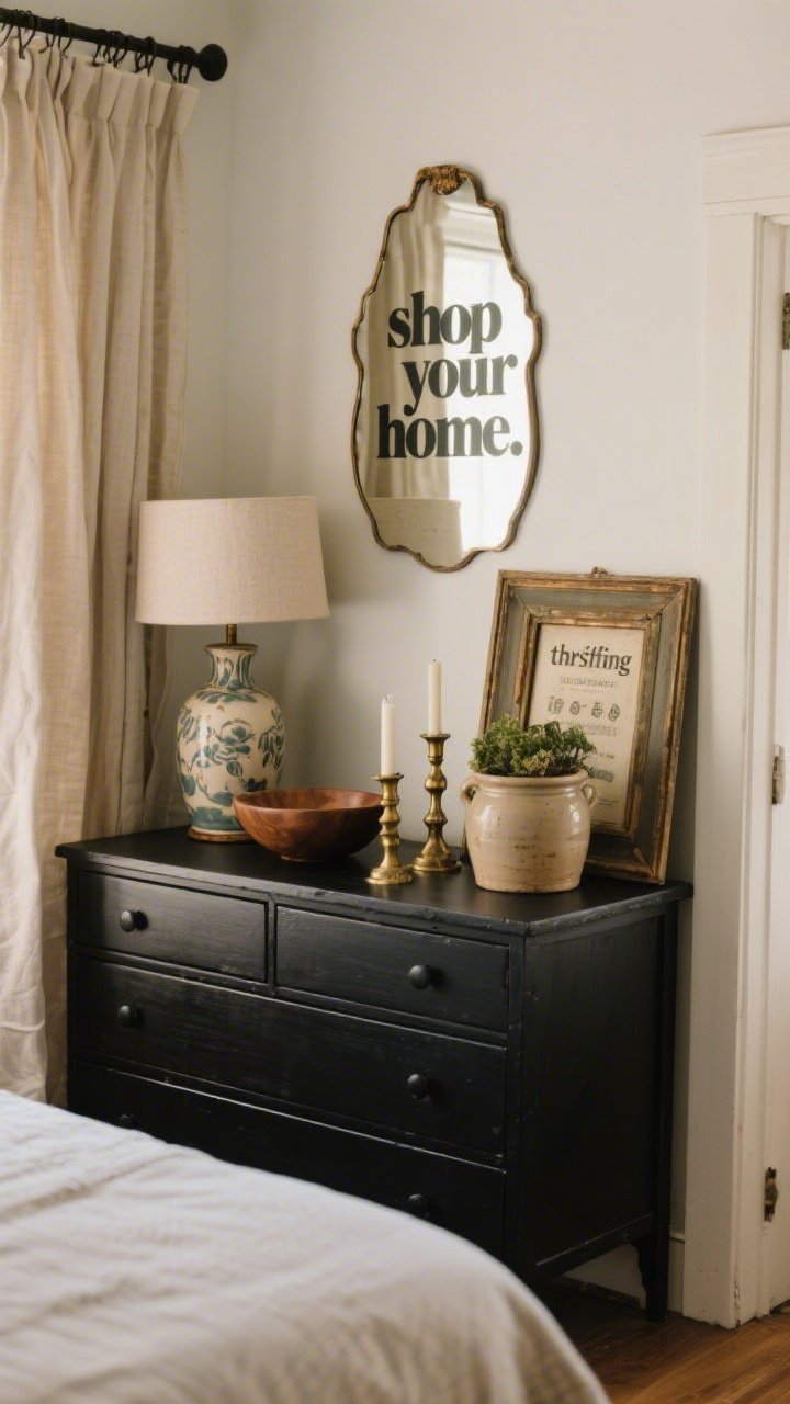 Medium shot of a vignette showcasing “shop your home” and thrifting: an entry mirror now hung above a bedroom dresser, a vintage ceramic lamp, a wood bowl, brass candlesticks, and linen curtains; a thrifted frame and a kitchen crock repurposed as a planter; several mismatched items unified with a coat of matte black spray paint; warm light, collected-but-cohesive feel.