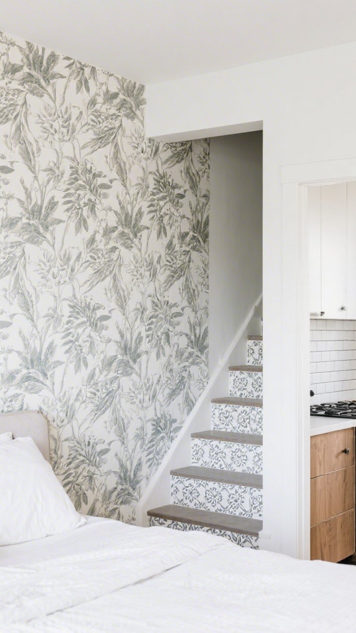 Medium shot of an accent wall: Peel-and-stick wallpaper with a large-scale botanical pattern behind a bed creating dramatic focus; in the adjacent kitchenette nook, a glimpse of peel-and-stick vinyl subway tile backsplash in white with light gray grout lines; stair risers nearby dressed with patterned decals for personality; clean edges, removable look; bright, even lighting to showcase pattern clarity; no people, photorealistic.