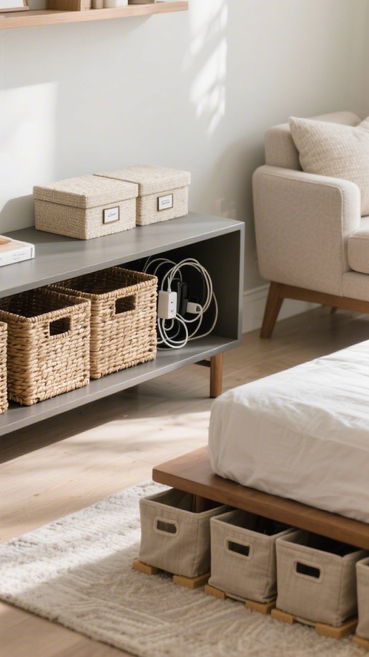 Medium shot of attractive storage solutions integrated into the living area: closed woven baskets tucked under a console, bed risers glimpsed under a platform bed with fabric bins neatly sliding beneath, and stylish lidded boxes on a shelf hiding cords and chargers; subtle, discreet labels visible; tidy, intentional look with balanced textures; soft afternoon light.