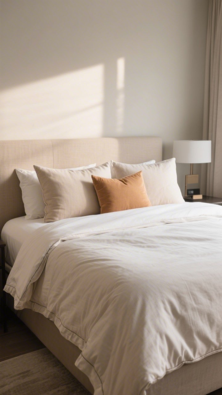 Medium shot of bed styling: Hotel-inspired bedding—king bed with a duvet one size larger for generous drape, two duvet inserts inside one cover for extra loft; pillow strategy visible: 3 Euro shams in back, 2 sleeping pillows, 2 accent pillows in warm neutrals; fabric mix labeled subtly—linen duvet for relaxed texture; edges of the duvet crisply steamed; soft, diffused morning light, photorealistic.