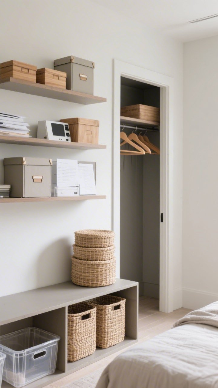 Medium shot of design-forward storage: a wall shelf with decorative boxes neatly corraling paperwork and tech; matching wood hangers peeking from an open closet; lidded baskets stacked under a console; slim under-bed bins partially visible; neutral palette with woven textures and clear acrylic bins for a tidy, intentional look; clean daylight.