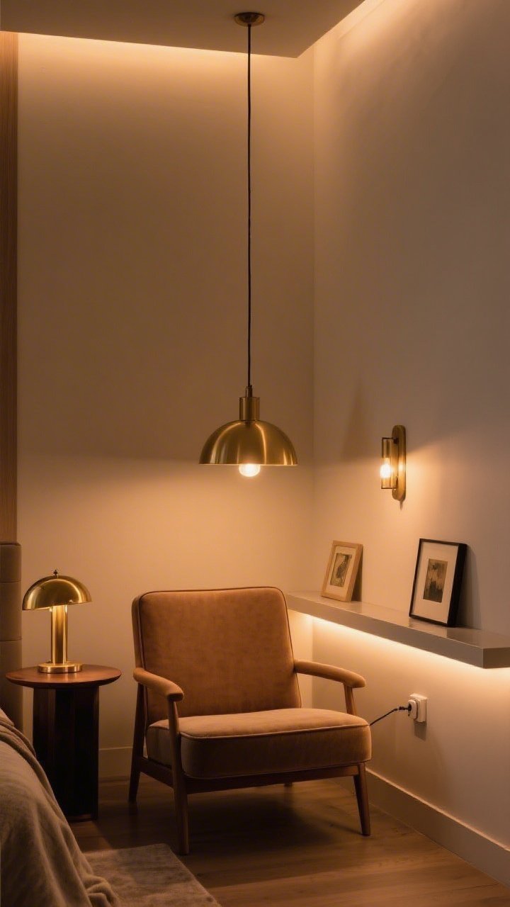 Medium shot of layered lighting in a cozy corner: warm ambient glow (2700–3000K) from an overhead pendant, a brass task table lamp beside a lounge chair, and subtle accent lighting via LED strip under a floating shelf highlighting small art; include a plug-in sconce on the wall; show dimmable, warm bulbs with no harsh glare; mood is cocooning and expensive-looking.