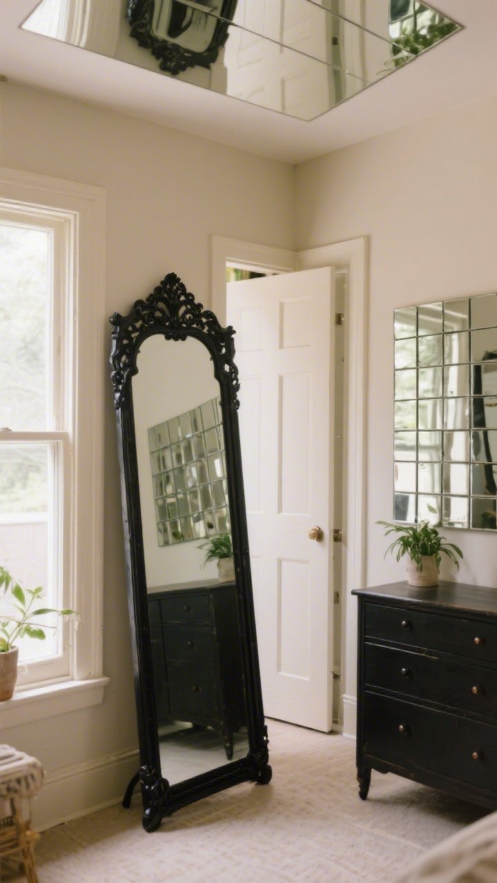 Medium shot of mirror magic: a tall full-length mirror with an ornate thrifted frame spray-painted matte black leaning opposite a small window to bounce light; another over-door mirror visible on a closet door; a grid of small mirror tiles above a dresser; mirrors angled slightly toward the ceiling to reflect daylight, airy warm greige walls, plant nearby for lived-in vibe.