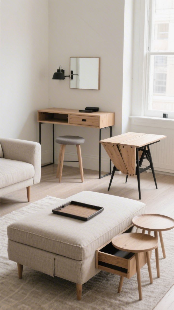 Medium shot of multifunctional furniture in a tight living space: a fabric-upholstered storage ottoman serving as a coffee table (tray on top), nesting side tables partially tucked; a 72–78" sofa on tall tapered legs revealing visible floor for a lighter look; a wall-mounted desk/console with a stool beneath, styled to read as a vanity or workspace; a compact drop-leaf gateleg table folded on one side with potential to expand; neutral textiles, light wood, matte black hardware, daytime light, photorealistic.