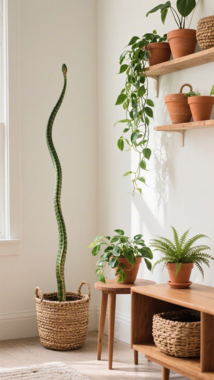 Medium shot of plant styling in a living corner: one tall floor plant (snake plant) in a woven basket planter, two smaller tabletop plants (pothos and a fern) on a wood side table; a trailing pothos cascading from a wall shelf; a mix of painted terracotta pots and baskets; soft daylight creating natural leaf highlights; corner angle.
