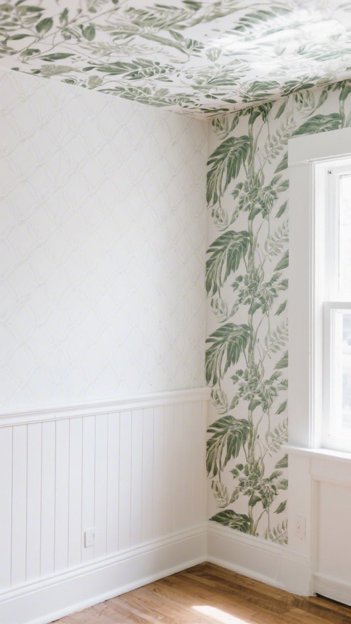 Medium shot of renter-friendly wall treatments: a white wall with peel-and-stick temporary wallpaper in a subtle minimalist pattern on one section, faux board-and-batten created with lightweight foam strips below a chair rail height, and large oversized botanical decals on an adjacent panel; a daring wallpapered ceiling segment visible above; bright natural daylight; corner angle.