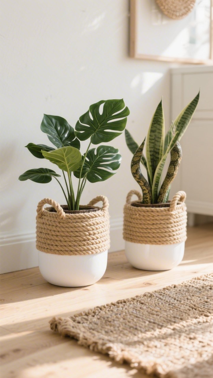 Medium shot of rope-wrapped coastal planters: plastic planters transformed with nautical rope spiraled neatly and hot-glued, bottom quarter painted matte white for a dipped effect; one planter holding a faux fiddle leaf, another a snake plant; set on a light wood floor beside a woven rug; sunlit, breezy coastal vibe with warm textures