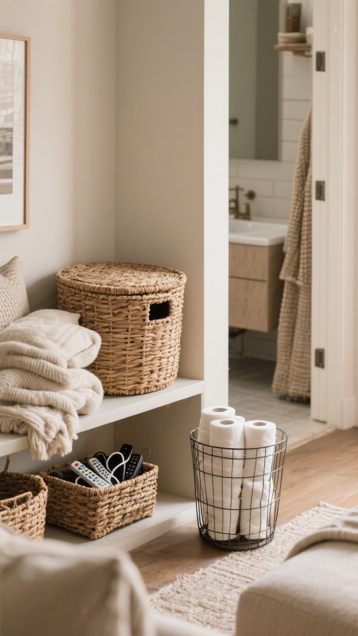 Medium shot of styled storage: wicker baskets with blankets and pillows in a living room corner, a lidded basket hiding remotes and cords on a low shelf, and a wire bin with rolled towels and TP glimpsed through an open bathroom doorway; textures layered, clutter concealed; warm neutral palette.