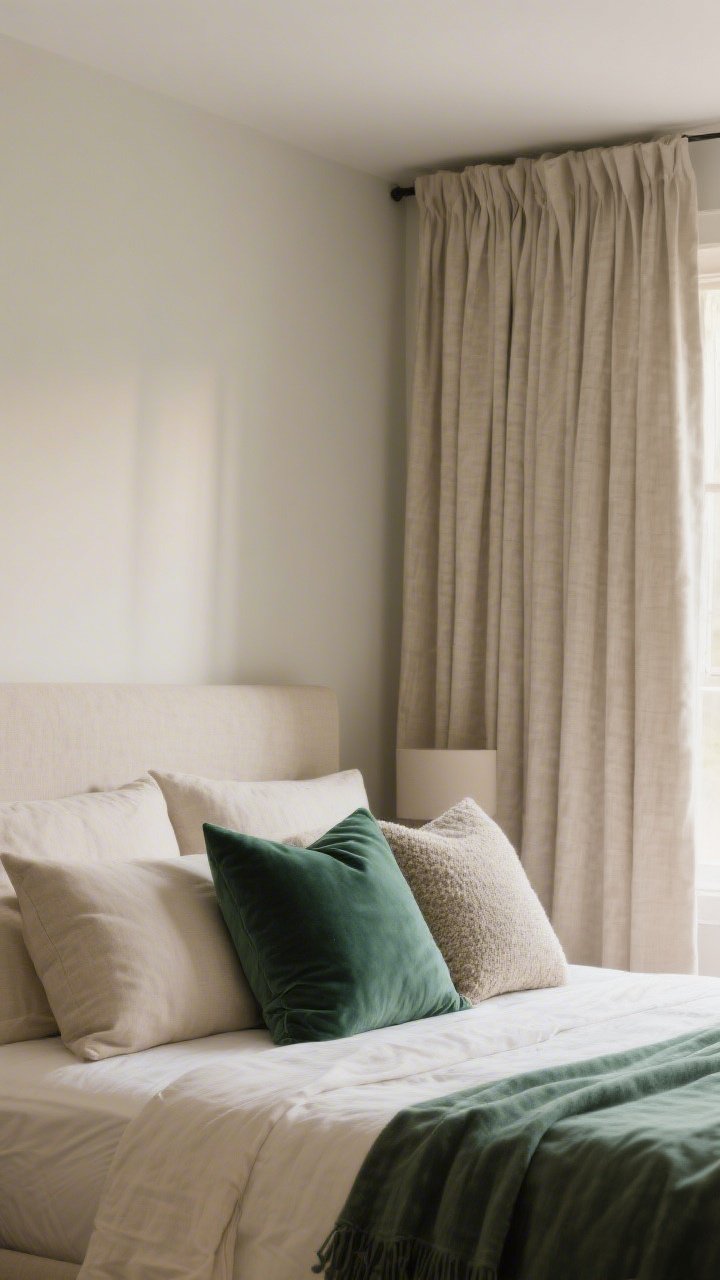 Medium shot of textile refresh in a bedroom: floor-to-ceiling curtains hung high and wide in a weighty oat-toned fabric, a bed dressed in crisp neutral linen with a single deep emerald throw, pillows mixed in 22", 20", and lumbar sizes with varied textures (linen, velvet, subtle boucle) within a tight palette; soft morning light for a calm, tailored look.