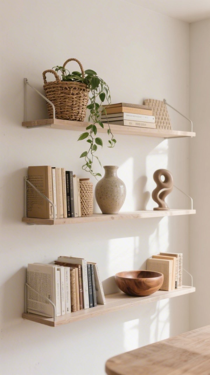 Medium shot: Open wall shelves styled on a budget—vertical and horizontal book stacks mixed, a trailing plant, a woven basket, a ceramic vase, a wood bowl, and one quirky sculptural object; groupings in odd numbers with repeated textures; intentional negative space between clusters; bright indirect daylight, straight-on view, natural materials emphasized.