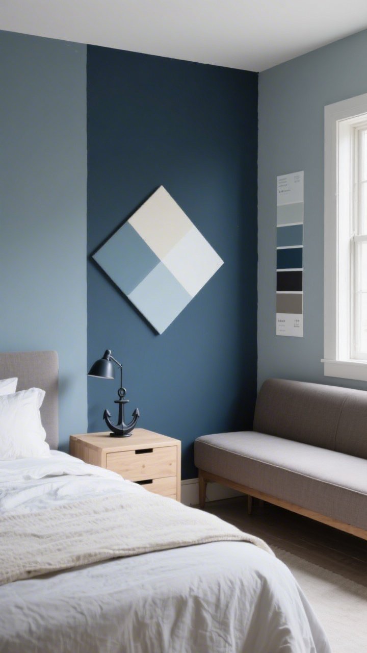 Medium shot: Paint-first approach in a bedroom—large 18x18 paint swatches in two tones tested on adjacent walls near a warm-gray sofa bench to coordinate undertones; final walls painted a deep, moody blue-gray contrasted with light bedding and pale wood nightstands; one dark anchor lamp for contrast; indirect daylight from a side window; clean, editorial angle emphasizing the backdrop effect.