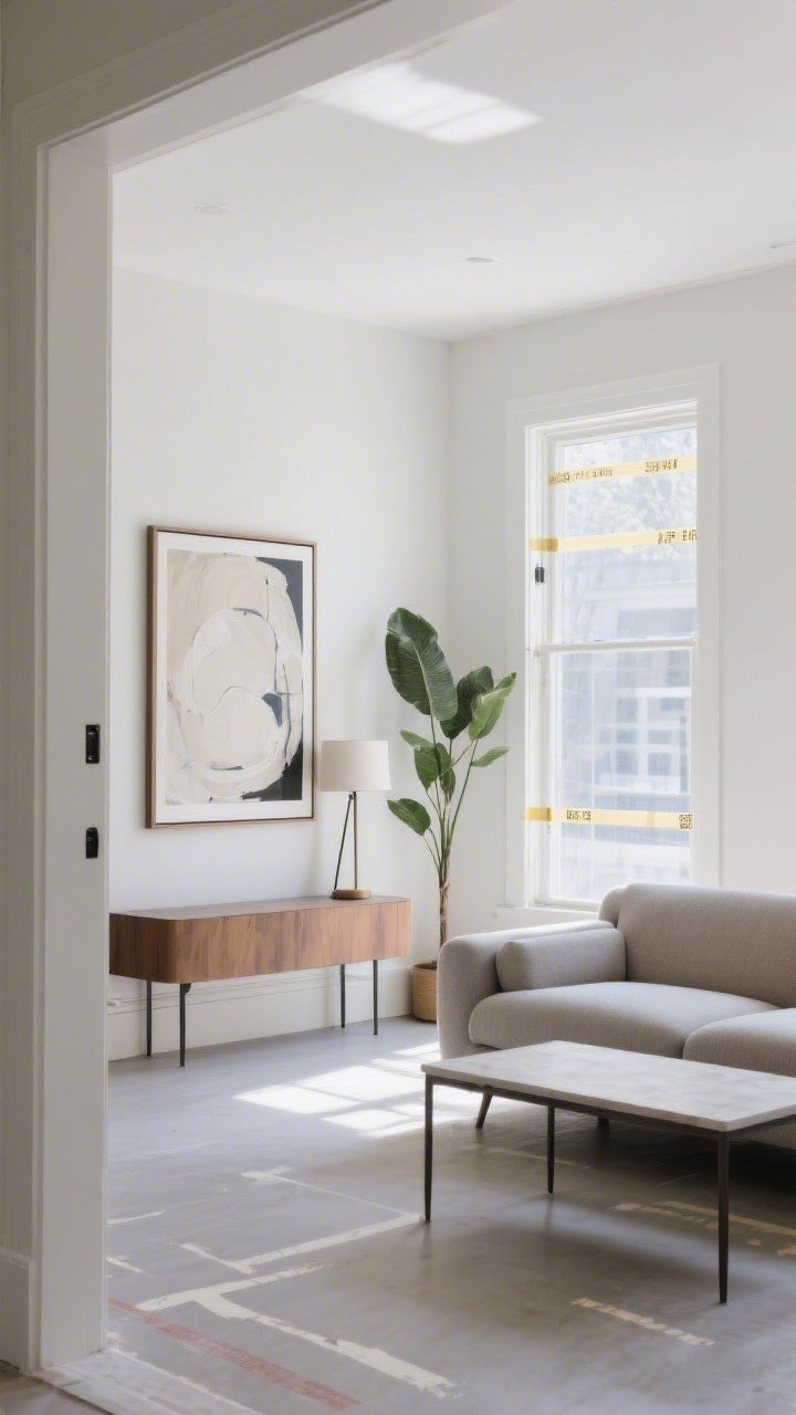 Medium shot: Scale and sightlines solved—sofa with a coffee table two-thirds its width and positioned 14–18 inches away, a single large art piece over the console at 70% of its width, tall plant and floor lamp adding vertical balance in a low-ceiling room; clear line of sight from the entry to a window focal point; painter’s tape mockups still faintly visible on the wall/floor; bright daytime light, photographed from the entry for flow.