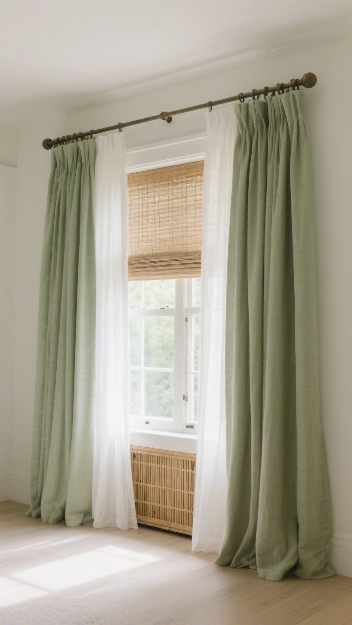 Medium shot, straight-on: A bright window dressed with double curtain rods—sheer white panels inside for daytime and heavier linen curtains in a wall-matched soft sage outside for night drama; rods mounted high near the ceiling and extended wide past the frame to visually enlarge the window; curtain length just kissing the floor; a bamboo Roman shade partially raised for texture and privacy; gentle midday light filtering through.