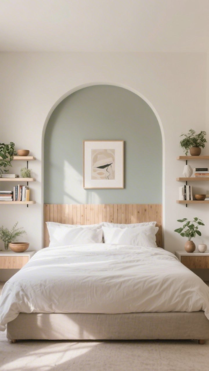 Medium shot, straight-on: A high-low focal wall behind a bed featuring a soft painted arch in a muted tone, flanked by symmetrical shelving styled with books, bowls, and plants; a single oversized framed art piece centered on the wall; surrounding walls kept calm and neutral; optional peel-and-stick wood slats on a panel section for boutique texture; soft morning light.