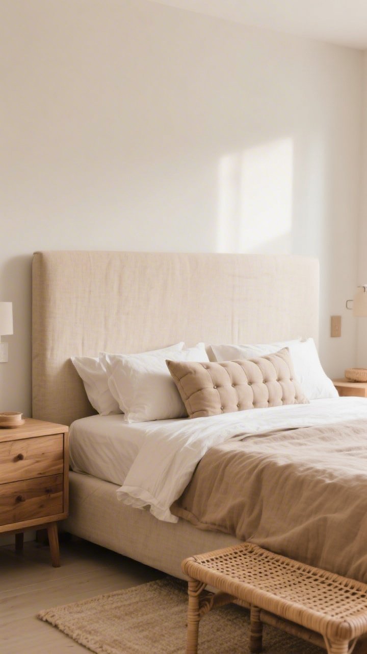 Medium shot, straight-on: A statement headboard scene—upholstered, clean-line linen headboard in oatmeal for a minimalist vibe; bedding in warm neutrals; wood nightstands add texture and warmth; optional styling detail: a tufted corner pillow and a rattan bench at the foot to nod to cozy cottage and boho textures; soft morning light, sound-absorbing feel, photorealistic.