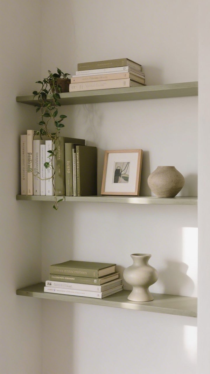 Medium, straight-on shot of styled open shelves: stacked books both vertical and horizontal, grouped objects in odd numbers; a small trailing plant, a framed mini print, and a sculptural ceramic piece create varied heights and textures; negative space deliberately left for breathing room; repeated accent color (muted olive) appears in two objects; soft natural side light.