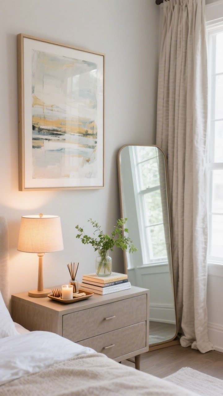 Medium, straight-on styling vignette of finishing touches: a nightstand arranged with a warm-glow lamp, a small tray holding a candle and matches, a tidy book stack, and a petite bud vase with fresh greenery. In the background, an oversized art piece hung at eye level (center ~57 inches), a floor mirror reflecting light, and curtains hung high and wide above the window. Include a reed diffuser on the dresser for a signature scent. Bright but soft daylight; photorealistic.