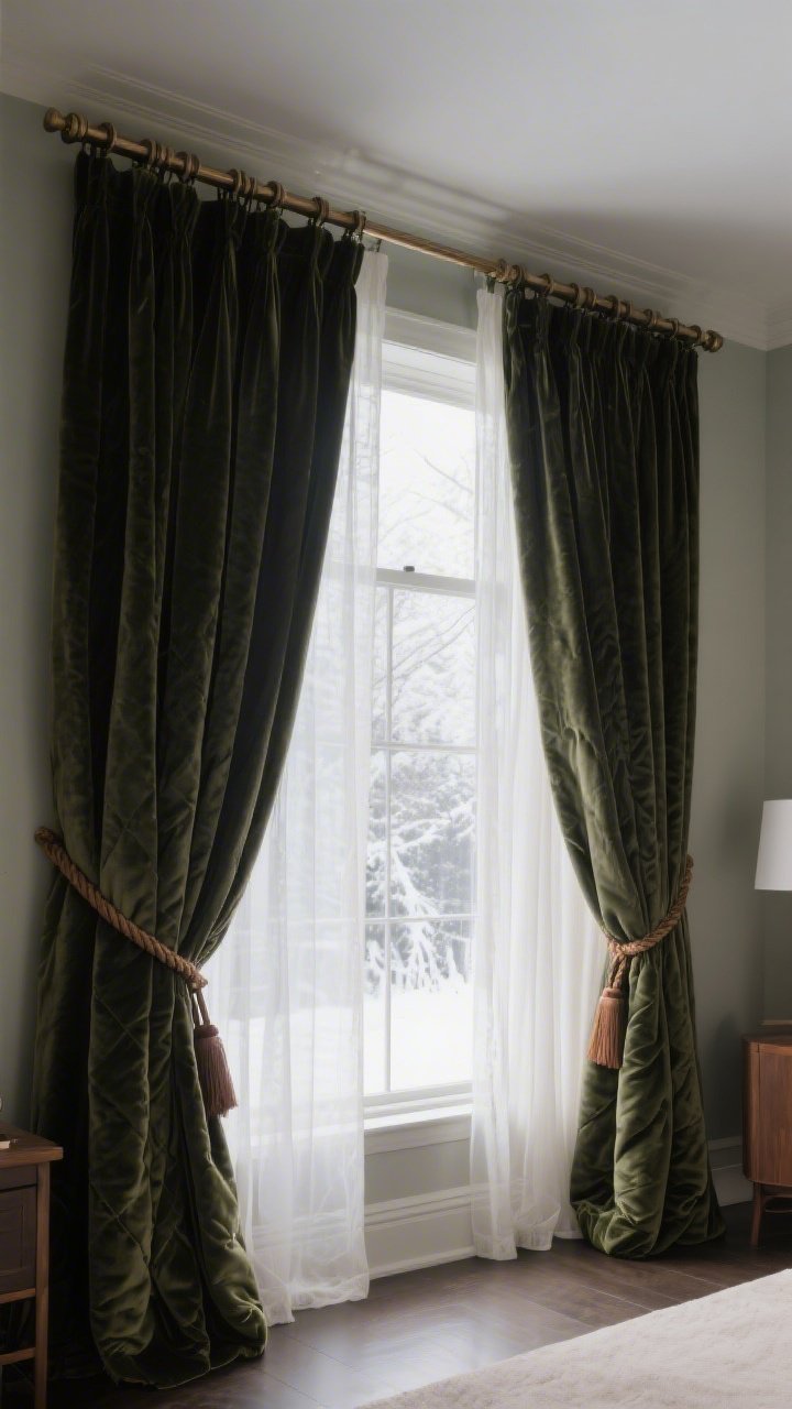 Medium, straight-on view of winterized windows: layered sheers with heavier velvet drapes (thermal-lined) in a deep forest tone; double rods installed high and wide to enlarge the window; subtle leather or rope tiebacks; soft daylight filtered through sheers, heavier panels ready to pull for evening warmth; room feels luxe and insulated.