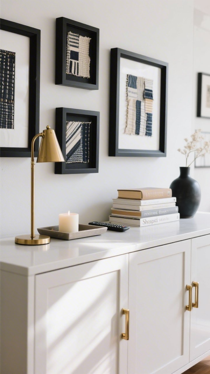 Medium vignette on a console: “Shopped” decor from around the house—spray-painted matte black picture frames with new art made from framed fabric scraps, a brass-sprayed lamp base, a simple tray corralling a candle, remote, and small vase; a stack of books with jackets flipped inside out for neutral spines; updated cabinet hardware in brushed brass; bright daylight, clean and intentional styling, photorealistic.