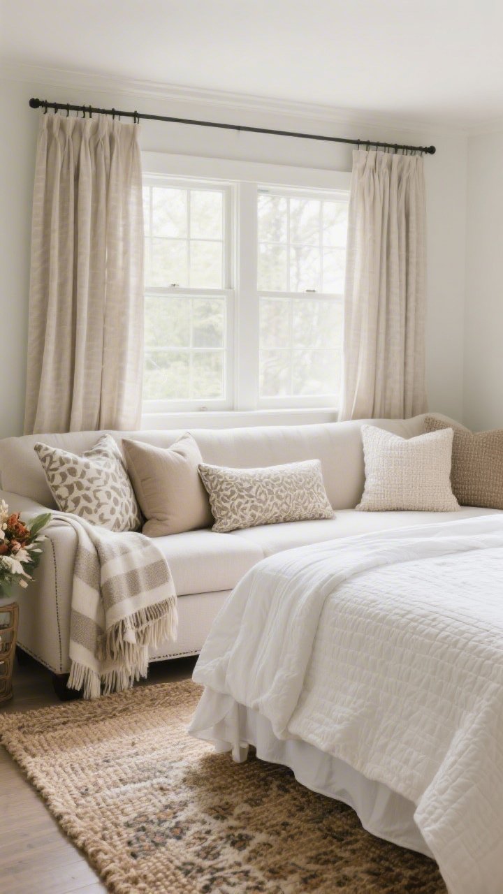 Medium/wide bedroom scene: Strategic soft goods steal the show. Bedding layered with crisp white sheets, a textured quilt, a neatly folded duvet at the end, and a long lumbar pillow. Window treatments hung 8–10 inches above the frame and wider than the window to add height and width; lined curtains in a neutral tone. On a sofa at the foot of the bed, pillows mix sizes (22", 20", lumbar) with one patterned, one solid, and one textured in the room’s color story; a seasonal throw draped loosely over the corner. A smaller patterned rug is layered over a larger natural jute rug for a custom look. Soft morning light, straight-on angle, photorealistic.
