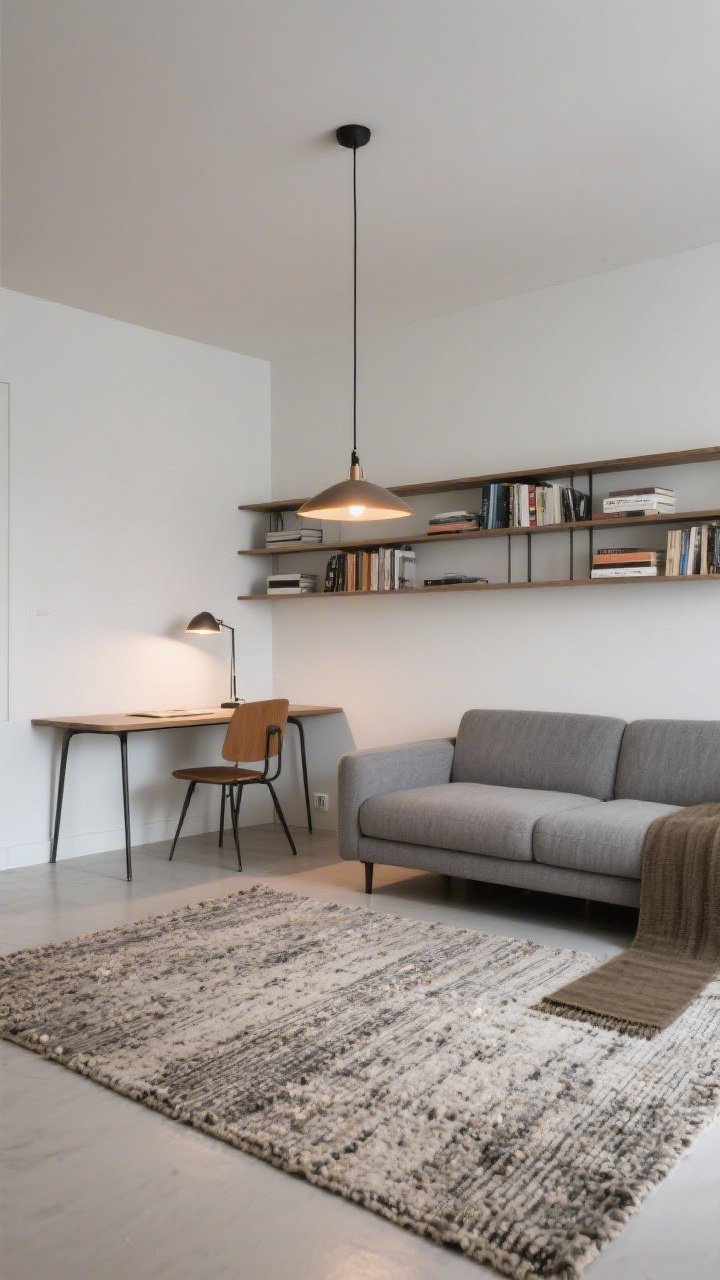 Medium-wide shot: A studio layout with clear zones—living area defined by a textured rug with the front legs of a soft gray sofa on it, a small runner under a compact desk creating a workspace nook, and a low bookshelf used as a divider behind the sofa; furniture pulled 3–4 inches from the wall for a designer look; overhead pendant off, warm ambient table lamp on.