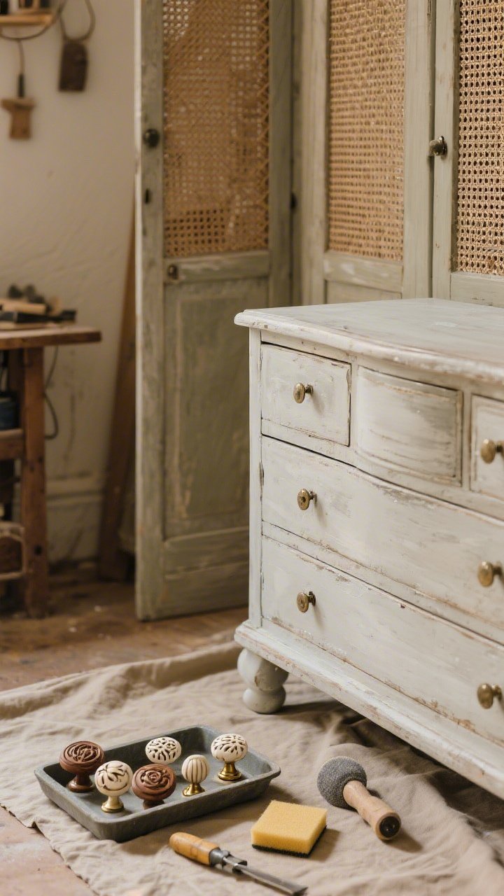 Medium workshop-style shot: a vintage dresser mid-glow-up with a matte limewash effect being applied for a cloudy, earthy finish; cabinet doors nearby show peel-and-stick cane webbing inserts; a small tray of new knobs in carved wood, bone-inspired, and brass awaiting installation; tools and sanding sponge on a drop cloth; warm, diffuse indoor light emphasizing matte surfaces.
