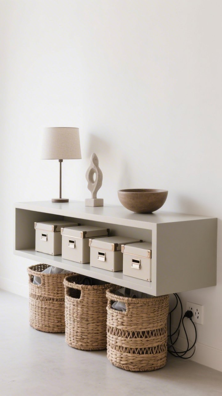 Minimalist medium shot highlighting decluttering: a console with only 3–5 varied-height objects (a lamp, a small sculpture, and a low bowl); attractive woven baskets tucked underneath to hide mess; lidded boxes aligned on a shelf; cables contained with discreet adhesive clips leading to a hidden power strip behind furniture; airy composition with intentional empty space