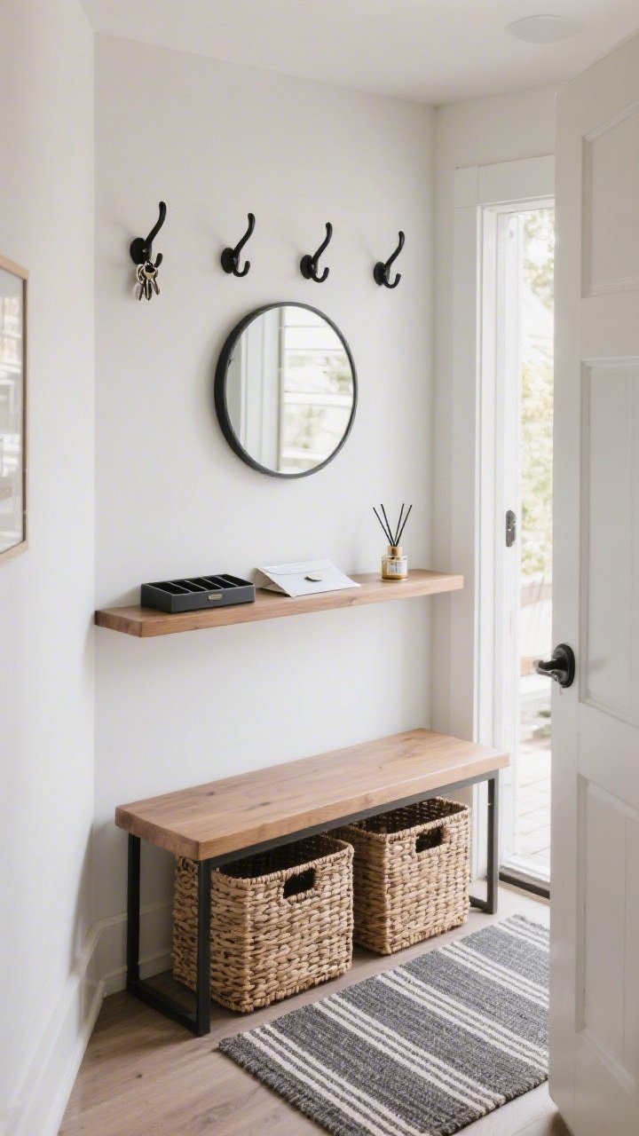 Narrow entryway wide shot: a floating, narrow console shelf holding a key tray and mail sorter; sturdy matte black hooks mounted above a small bench with woven storage baskets underneath; a small round mirror hung above the hooks; a durable indoor/outdoor runner in a subtle stripe defining the zone; a discreet scent diffuser on the shelf; natural morning light from a nearby door, straight-on view