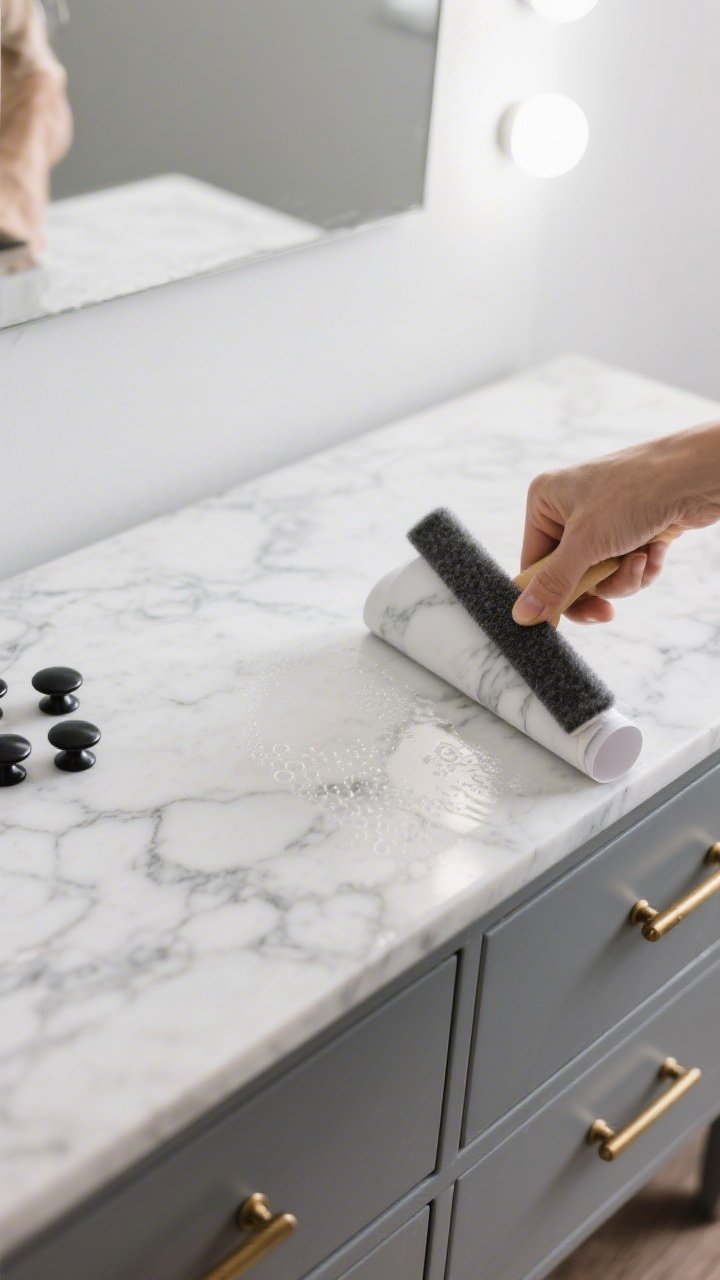 Overhead closeup: A dresser top mid-refresh with marble-look contact paper being applied using a felt squeegee—no bubbles; the surface prepped and lightly sanded; on the side, new brass bar pulls and matte black knobs ready for install; modern, DIY-chic mood under bright task lighting.