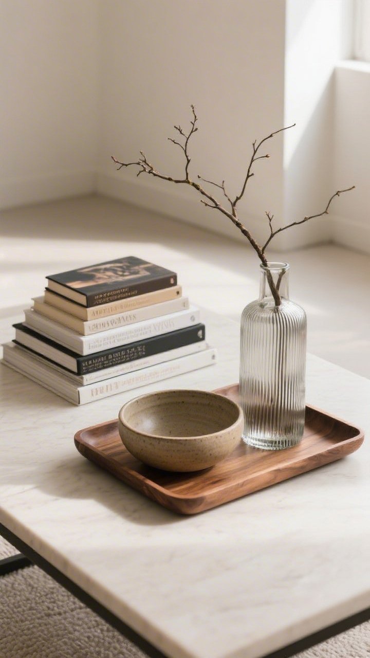 Overhead detail: A coffee table styled by the three-thing rule—stacked hardcover books for height, a round ceramic bowl on a rectangular wood tray, and a ribbed glass vase with branches; mixed textures of wood, ceramic, and glass on a clean surface, composed yet minimal, soft daylight from the side.