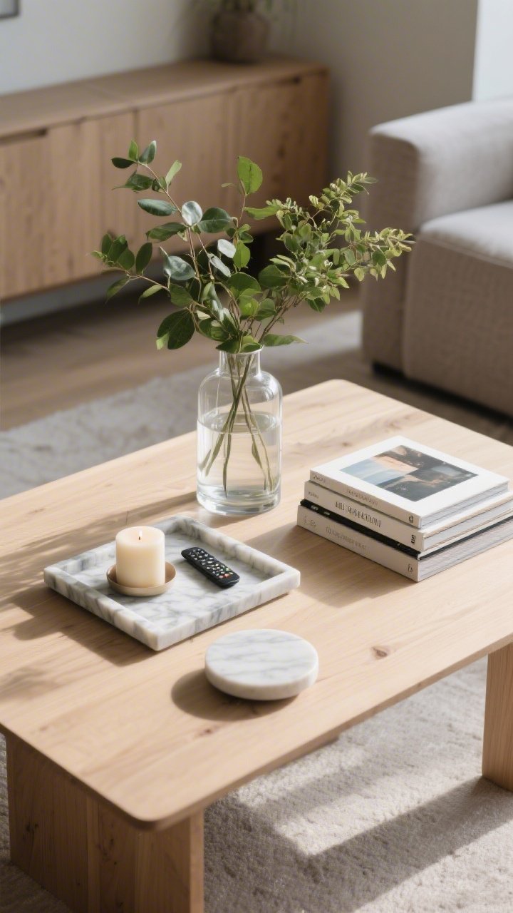 Overhead detail: A coffee table styled using the three-thing rule—tall clear-glass vase with fresh greenery, a low marble tray corralling a candle and remote, and a neat stack of rectangular art books; mix of round and angular shapes on a light wood tabletop; diffuse daylight highlighting balanced composition, minimal clutter.