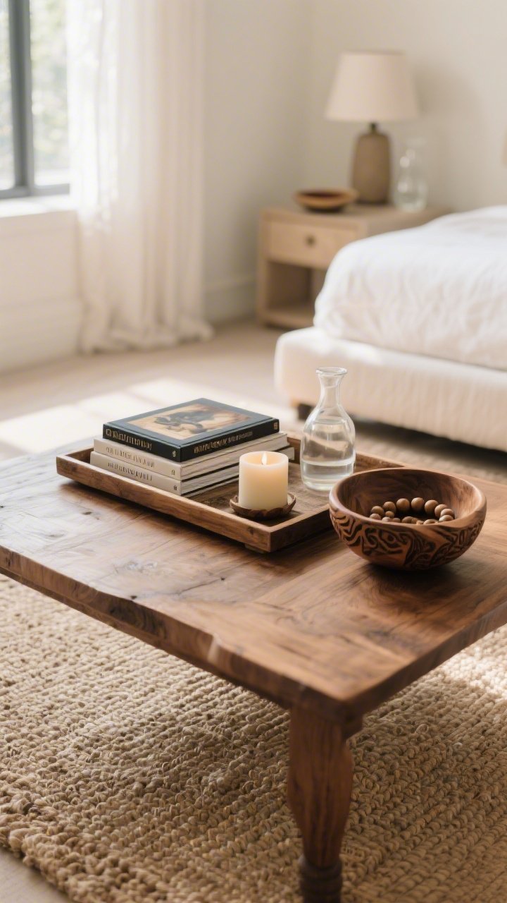 Overhead detail of a coffee table styled like a boutique: a tray corralling items, 2–3 large art books stacked, a lit candle, and something organic like a carved wood bowl with beads; natural wood table on a jute rug; edges of a nightstand setup blurred in the background (lamp, small dish, water carafe) to hint at other surface formulas; soft morning light, intentional composition.